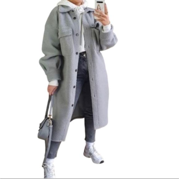 H&M NWOT Long Cozy Shirt Jacket Shacket Oversized Button Pockets Blue Size L - Picture 1 of 11